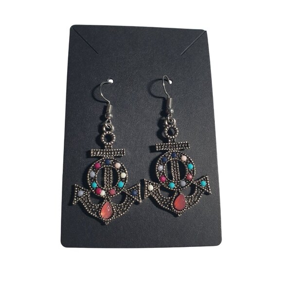 Anchor Shaped Dangle Earrings Acrylic Gems  Silver Finish Boho Chic Jewelry Boat - Picture 2 of 4